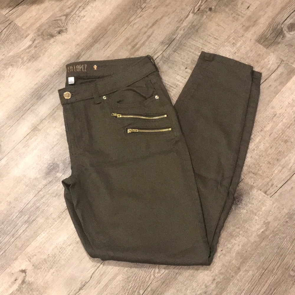 Jennifer Lopez mid-rise olive green skinny jeans